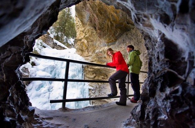 Inside the cave at the lower falls at Johnston Canyon Icewalk 