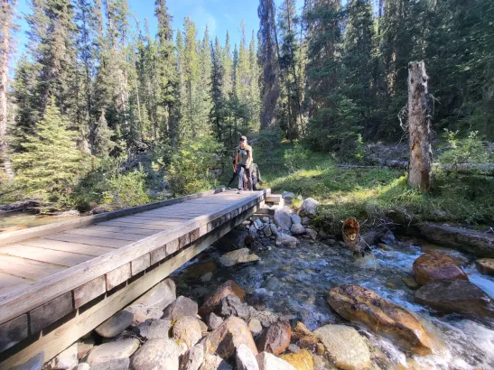 Hikers crossing pedestrian bridge at Sundance Canyon, Banff Canadian Rockies