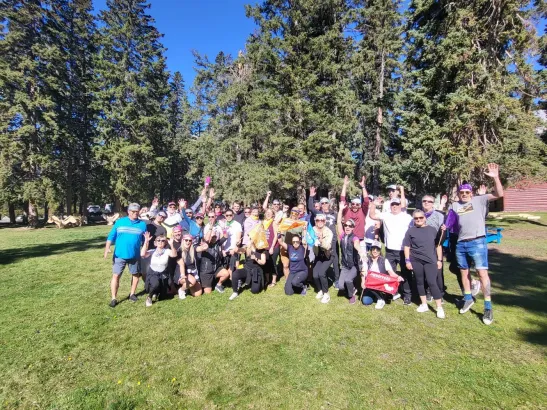 Group poses for photo Banff and Canmore teambuilding