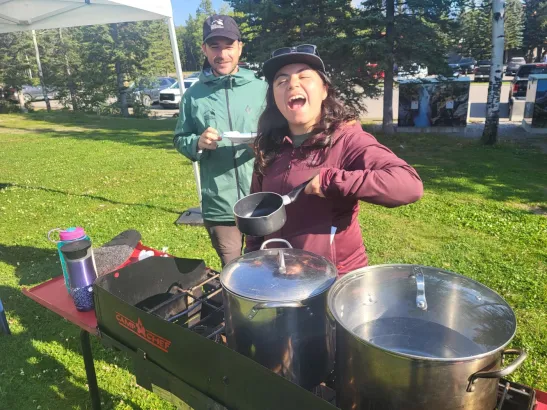 Staff enjoying Backcountry Iron Chef teambuilding challenge in Banff and Canmore Canadian Rockies