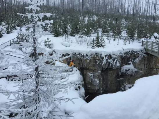 Winter view of Marble Canyon with person pointing into frozen canyon