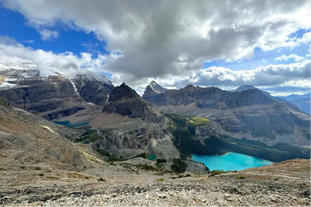 Turquoise Lake O’Hara surrounded by mountains and valleys in Yoho National Park on a sunny day
