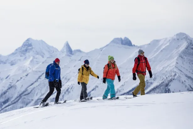 Group exploring Sunshine on snowshoes with Mount Assiniboine in background