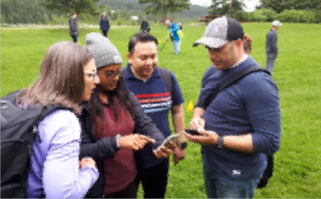Teams answer clues, Triviography teambuilding activity, Banff and Canmore Canadian Rockies