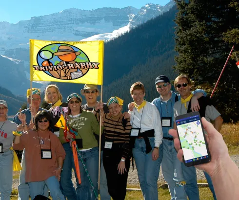 Group poses at Lake Louise, Triviography teambuilding activity, Banff and Canmore Canadian Rockies