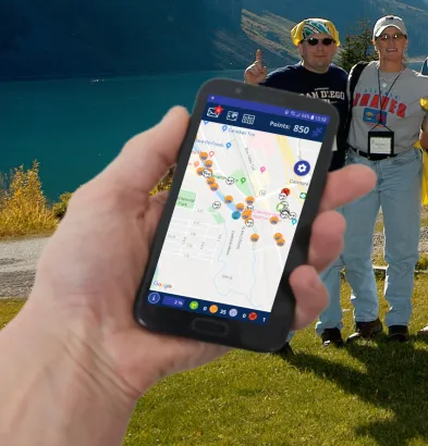 Smartphone displaying Triviography teambuilding activity, Banff and Canmore Canadian Rockies