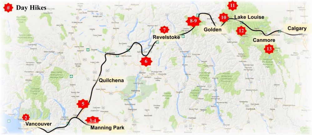 map of hiking locations for 14 day program